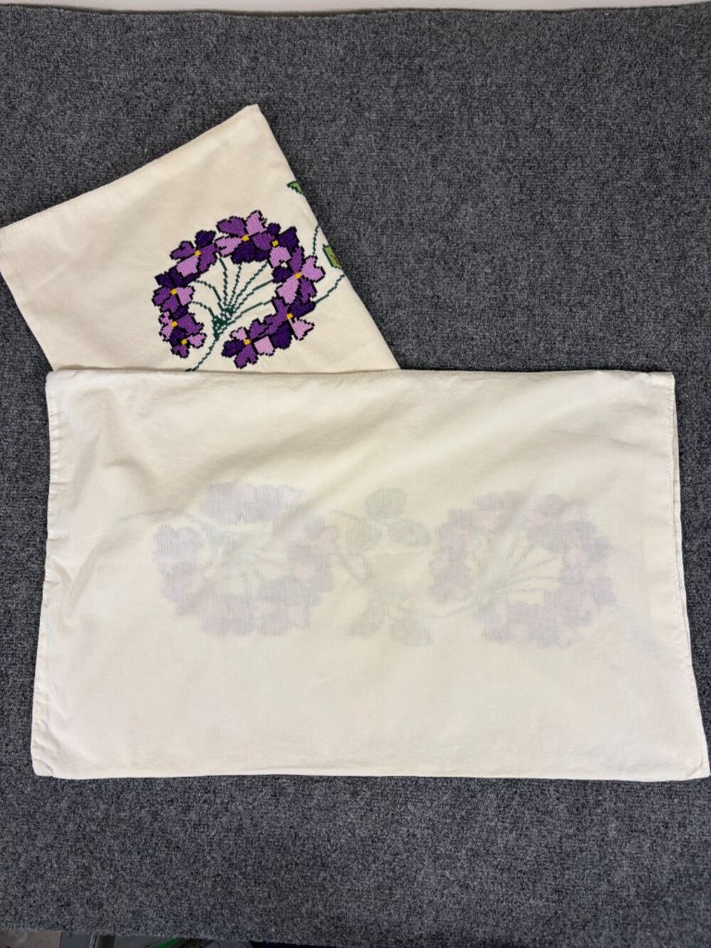 Vtg Cottagecore Hand Embroidered Cross Stitch Pillowcases Pair - Purple Floral - Picture 3 of 5